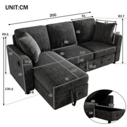 Btm L-Shaped Chenille Sofa Bed, Storage Chaise, 2 Cushions, Convertible 3-Seater Sofa, Grey - thumbnail 6