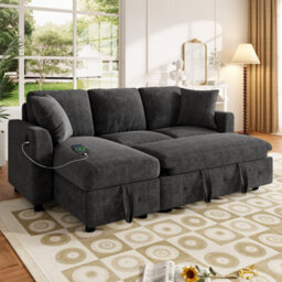 Btm L-Shaped Chenille Sofa Bed, Storage Chaise, 2 Cushions, Convertible 3-Seater Sofa, Grey - thumbnail 2
