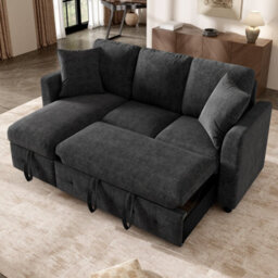 Btm L-Shaped Chenille Sofa Bed, Storage Chaise, 2 Cushions, Convertible 3-Seater Sofa, Grey - thumbnail 3
