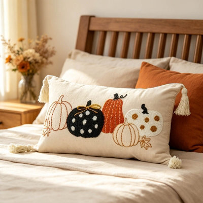 Amorly Mixed Design Pumpkin Lumbar Cushion Cover 30X50Cm, Cream Tassel Farmhouse Pillow Case Only No Insert For Thanksgiving Home Decor - image 1
