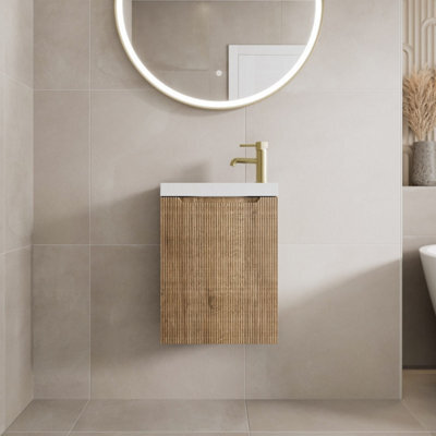Affine 400mm Bathroom Cloakroom Vanity Unit Basin Sink Wall Hung Storage Fluted Oak - image 1