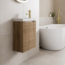 Affine 400mm Bathroom Cloakroom Vanity Unit Basin Sink Wall Hung Storage Fluted Oak - thumbnail 2