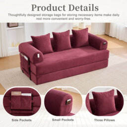 Matteo Modular Foldable Corduroy Sofa - Wine Red - thumbnail 3