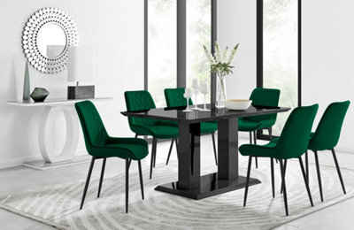 Furniturebox Imperia Black High Gloss 6 Seater Dining Table With Structural 2 Plinth Column Legs 6 Black Velvet Black Leg Pesaro Chairs - image 1