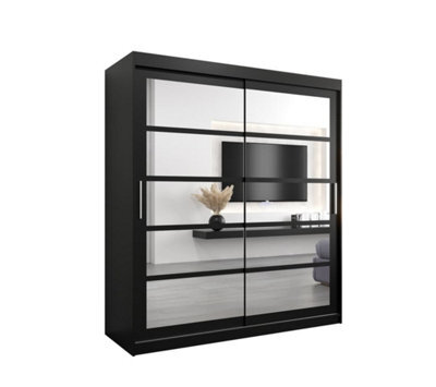 Arte Roma Ii Black Modern Sliding Door Wardrobe H2000mm W1800mm D620mm With Mirrored Panels And Silver Handles - image 1