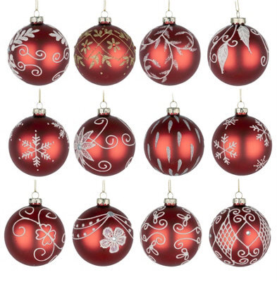 Shatchi Christmas Glass Baubles 12Pcs Set - 8Cm Red Ornaments With 12 Unique Festive Designs - image 1