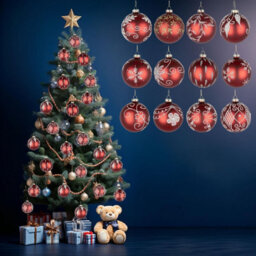 Shatchi Christmas Glass Baubles 12Pcs Set - 8Cm Red Ornaments With 12 Unique Festive Designs - thumbnail 7