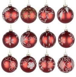 Shatchi Christmas Glass Baubles 12Pcs Set - 8Cm Red Ornaments With 12 Unique Festive Designs - thumbnail 1