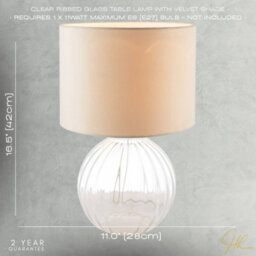 Happy Homewares Contemporary Clear Ribbed Glass Table Lamp With Velvet Fabric Shade - thumbnail 7