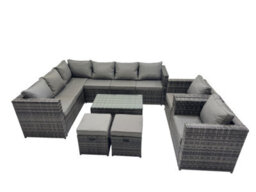 Fimous Outdoor Rattan Rectangular Coffee Table Corner Sofa Sets Garden Furniture Set With 2 Chairs 2 Small Stools Dark Grey Mixed - thumbnail 1