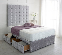 "Adore Designs Cubed Crushed Velvet Divan Bed, With Pocket Mattress & 36"" Headboard - 5Ft Kingsize - Silver - 0 Drawers" - thumbnail 1