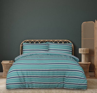 Smart Living Printed Reversible Polycotton Banded Stripe Duvet Cover And Pillowcase - image 1