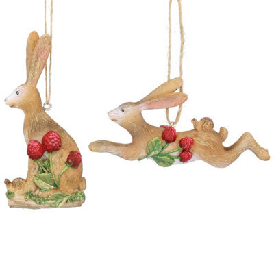 Gisela Graham Christmas Set Of Two Resin Hares With Red Berries Christmas Tree Decorations, 10 X 5 Cm, Hanging Ornaments