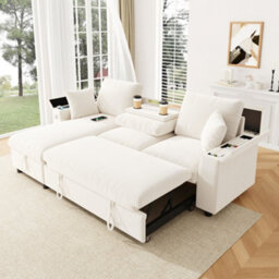 Btm L Shaped Sofa Bed With Storage Armrests, Reversible Chaise, Usb And Type C Charging, Fold Out Tray With Cup Holders, Beige - thumbnail 1