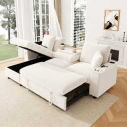 Btm L Shaped Sofa Bed With Storage Armrests, Reversible Chaise, Usb And Type C Charging, Fold Out Tray With Cup Holders, Beige - thumbnail 3