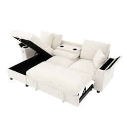 Btm L Shaped Sofa Bed With Storage Armrests, Reversible Chaise, Usb And Type C Charging, Fold Out Tray With Cup Holders, Beige - thumbnail 6