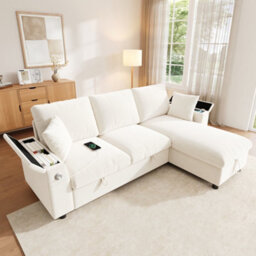 Btm L Shaped Sofa Bed With Storage Armrests, Reversible Chaise, Usb And Type C Charging, Fold Out Tray With Cup Holders, Beige - thumbnail 5