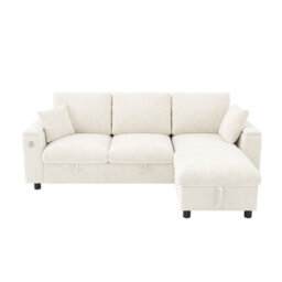Btm L Shaped Sofa Bed With Storage Armrests, Reversible Chaise, Usb And Type C Charging, Fold Out Tray With Cup Holders, Beige - thumbnail 7