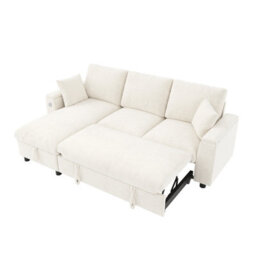 Btm L Shaped Sofa Bed With Storage Armrests, Reversible Chaise, Usb And Type C Charging, Fold Out Tray With Cup Holders, Beige - thumbnail 9