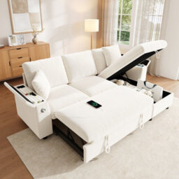 Btm L Shaped Sofa Bed With Storage Armrests, Reversible Chaise, Usb And Type C Charging, Fold Out Tray With Cup Holders, Beige - thumbnail 4