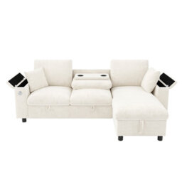 Btm L Shaped Sofa Bed With Storage Armrests, Reversible Chaise, Usb And Type C Charging, Fold Out Tray With Cup Holders, Beige - thumbnail 8
