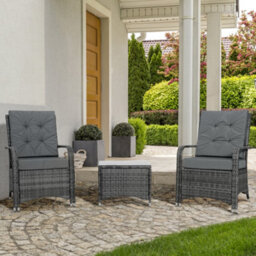 Outsunny Rattan 3Pcs Chair Table Bistro Set Patio Set W/ Steel Frame Grey - thumbnail 1