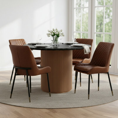 Luxor Round Black Marble Top With Wood Pedestal Dining Table - image 1
