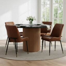Luxor Round Black Marble Top With Wood Pedestal Dining Table - thumbnail 1