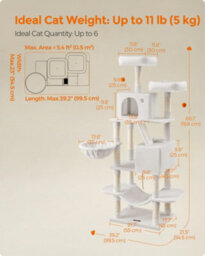 LEDREM Cat Tree, 168 Cm Large Cat Tower Condo With 13 Scratching Posts, 1 Scratching Ramp, 2 Perches, 2 Caves, Basket, Hammock, Pompoms, - thumbnail 8