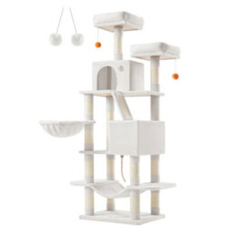 LEDREM Cat Tree, 168 Cm Large Cat Tower Condo With 13 Scratching Posts, 1 Scratching Ramp, 2 Perches, 2 Caves, Basket, Hammock, Pompoms, - thumbnail 2