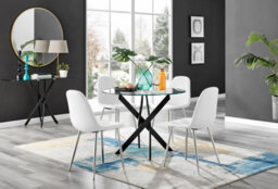 Furniturebox Uk Novara Black Leg Round Glass Dining Table & 4 White Corona Silver Chairs - thumbnail 1