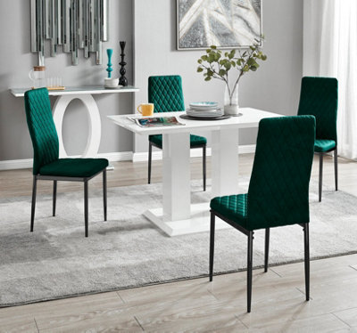 Furniturebox Uk 4 Seater Dining Set - Imperia White High Gloss Dining Table And Chairs - 4 Green Velvet Milan Black Leg Chairs - image 1