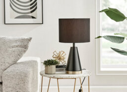 Furniturebox Zoe Matte Black Conical Table Lamp With Gold Chrome Base And Black Fabric Light Shade Including A Rated Energy Efficient Led Bulb - thumbnail 2