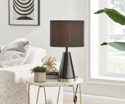 Furniturebox Zoe Matte Black Conical Table Lamp With Gold Chrome Base And Black Fabric Light Shade Including A Rated Energy Efficient Led Bulb - thumbnail 1