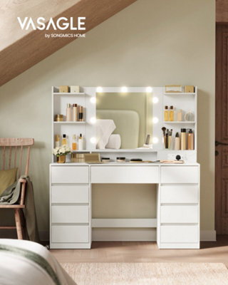LEDREM Dressing Table With Led Mirror, Vanity Desk With Power Outlets, 9 Drawers, 9 Dimmable Bulbs, 3 Light Colours, Toolless Slide Rail - image 1