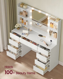 LEDREM Dressing Table With Led Mirror, Vanity Desk With Power Outlets, 9 Drawers, 9 Dimmable Bulbs, 3 Light Colours, Toolless Slide Rail - thumbnail 5
