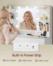 LEDREM Dressing Table With Led Mirror, Vanity Desk With Power Outlets, 9 Drawers, 9 Dimmable Bulbs, 3 Light Colours, Toolless Slide Rail - thumbnail 6