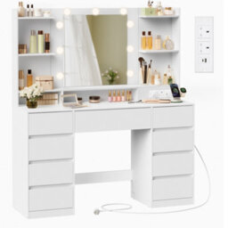 LEDREM Dressing Table With Led Mirror, Vanity Desk With Power Outlets, 9 Drawers, 9 Dimmable Bulbs, 3 Light Colours, Toolless Slide Rail - thumbnail 2