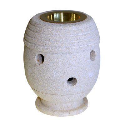 Serenityy Hand-Carved Sandstone Oil Burner, Classic Beige, With Glass Dish