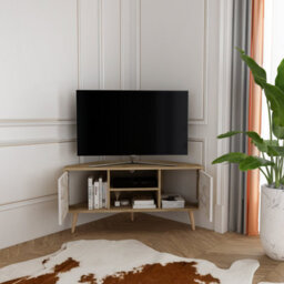 Decorotika Lesson Corner Tv Stand Tv Unit Tv Cabinet For Tvs Up To 55 Inch Oak & White Marble Effect - thumbnail 3