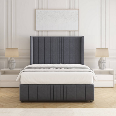 Bsspoke Elise Divan Bed Set Steel Plush Velvet 54Inch Wingedback Headboard & Footboard & Mattress No Drawers In All Sizes - image 1