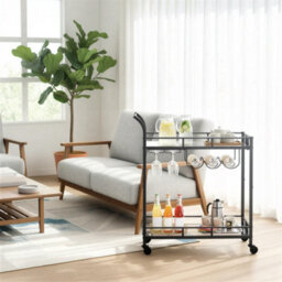 LEDREM Bar Cart, Home Bar Serving Cart, Wine Cart With 2 Mirrored Shelves, Wine Holders, Glass Holders, Black - thumbnail 6