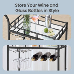 LEDREM Bar Cart, Home Bar Serving Cart, Wine Cart With 2 Mirrored Shelves, Wine Holders, Glass Holders, Black - thumbnail 8