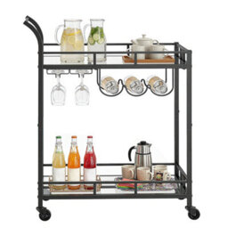 LEDREM Bar Cart, Home Bar Serving Cart, Wine Cart With 2 Mirrored Shelves, Wine Holders, Glass Holders, Black - thumbnail 3