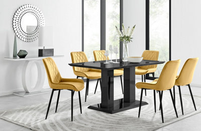 Furniturebox Imperia Black High Gloss 6 Seater Dining Table With Structural 2 Plinth Column Legs 6 Mustard Velvet Black Leg Pesaro Chairs - image 1