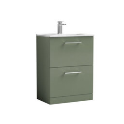 Balterley  Contemporary Bathroom 2 Soft Close Drawer & Minimalist Floor Standing Vanity Unit Basin, Satin Green, 600mm - thumbnail 1