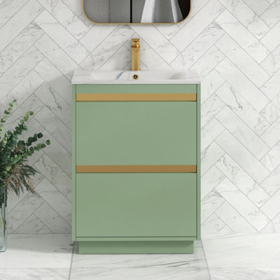 Royal Bathrooms Orion 600mm Mint Sage 2 Drawer Floor Standing Vanity Unit With Carrara White Basin & Brushed Brass Accent Trim - image 1