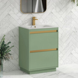 Royal Bathrooms Orion 600mm Mint Sage 2 Drawer Floor Standing Vanity Unit With Carrara White Basin & Brushed Brass Accent Trim - thumbnail 6