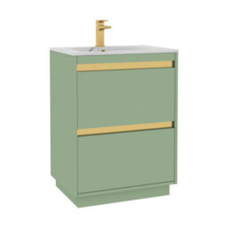 Royal Bathrooms Orion 600mm Mint Sage 2 Drawer Floor Standing Vanity Unit With Carrara White Basin & Brushed Brass Accent Trim - thumbnail 7