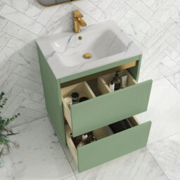 Royal Bathrooms Orion 600mm Mint Sage 2 Drawer Floor Standing Vanity Unit With Carrara White Basin & Brushed Brass Accent Trim - thumbnail 4